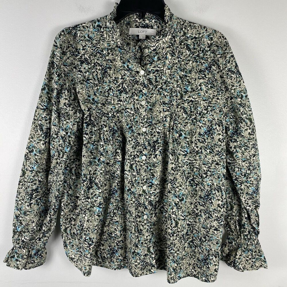Ann Taylor LOFT Womens Small Top Ditzy Floral Balloon Sleeve Career Modest Green